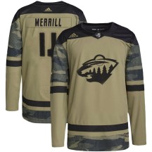 Men's Adidas Minnesota Wild Jon Merrill Camo Military Appreciation Practice Jersey - Authentic