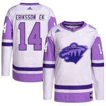 Men's Adidas Minnesota Wild Joel Eriksson Ek White/Purple Hockey Fights Cancer Primegreen Jersey - Authentic