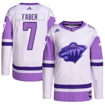 Men's Adidas Minnesota Wild Brock Faber White/Purple Hockey Fights Cancer Primegreen Jersey - Authentic