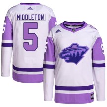 Men's Adidas Minnesota Wild Jake Middleton White/Purple Hockey Fights Cancer Primegreen Jersey - Authentic