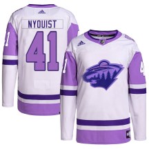 Men's Adidas Minnesota Wild Gustav Nyquist White/Purple Hockey Fights Cancer Primegreen Jersey - Authentic