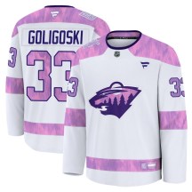 Men's Fanatics Minnesota Wild Alex Goligoski White 2024 Hockey Fights Cancer Practice Jersey - Premium