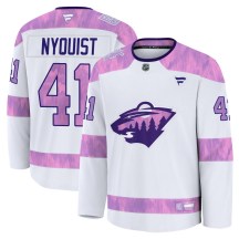 Men's Fanatics Minnesota Wild Gustav Nyquist White 2024 Hockey Fights Cancer Practice Jersey - Premium